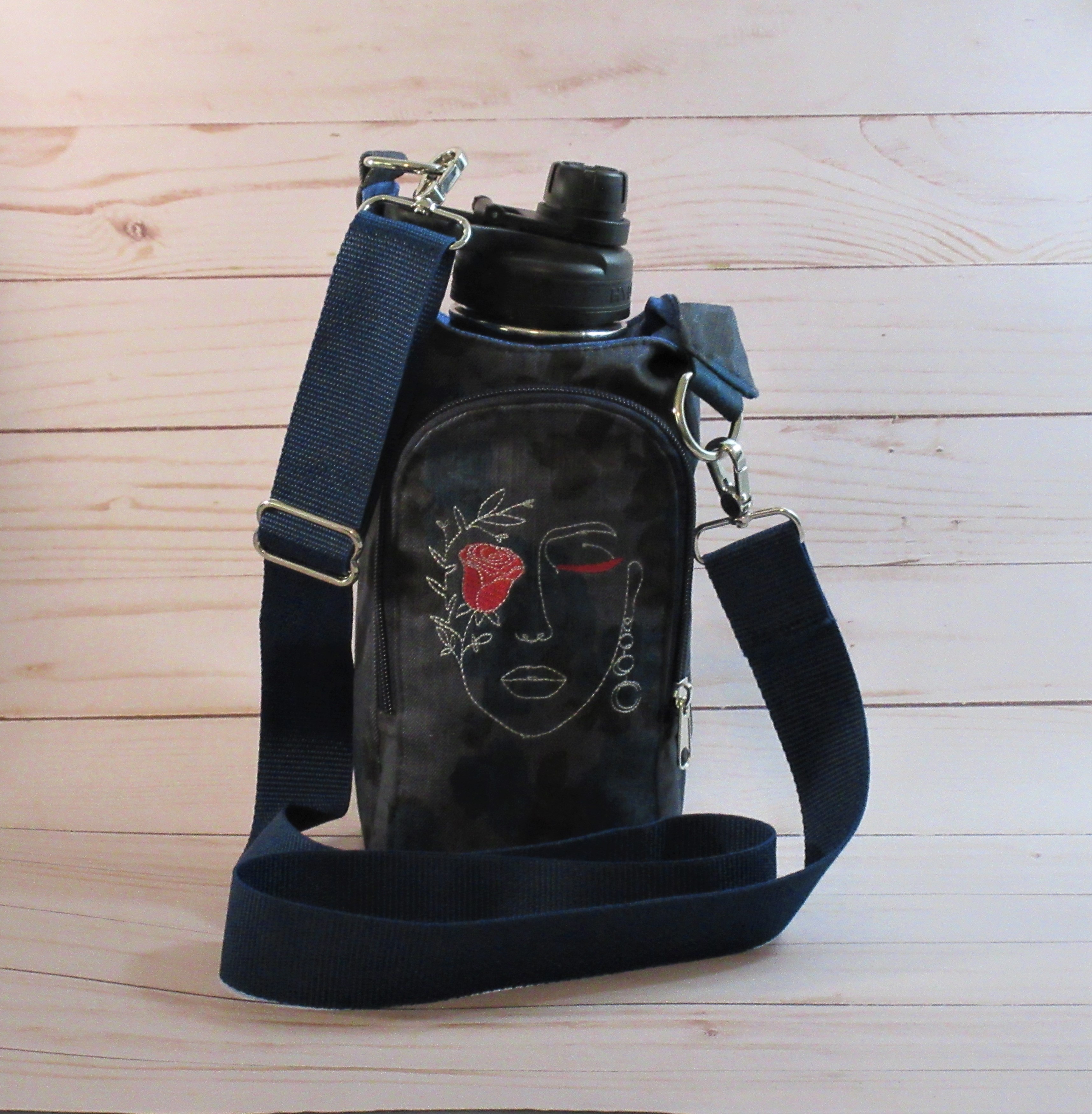 Lady with Rose on Denim Rose print  Cross Body Water Bottle Sling Bag with wallet pocket.