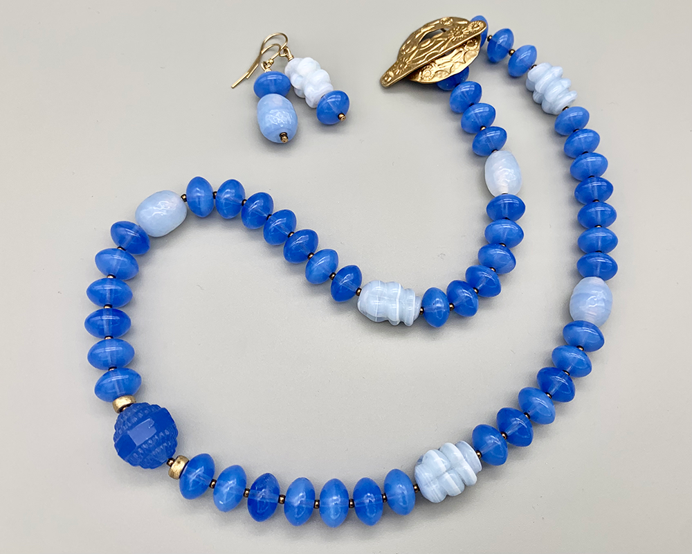 Necklace Set | Mid-century glass beads — Bohemian periwinkle blue chalcedony, opalescent Japanese "tide pool" and periwinkle rondelles, Southwest-style bronze toggle clasp