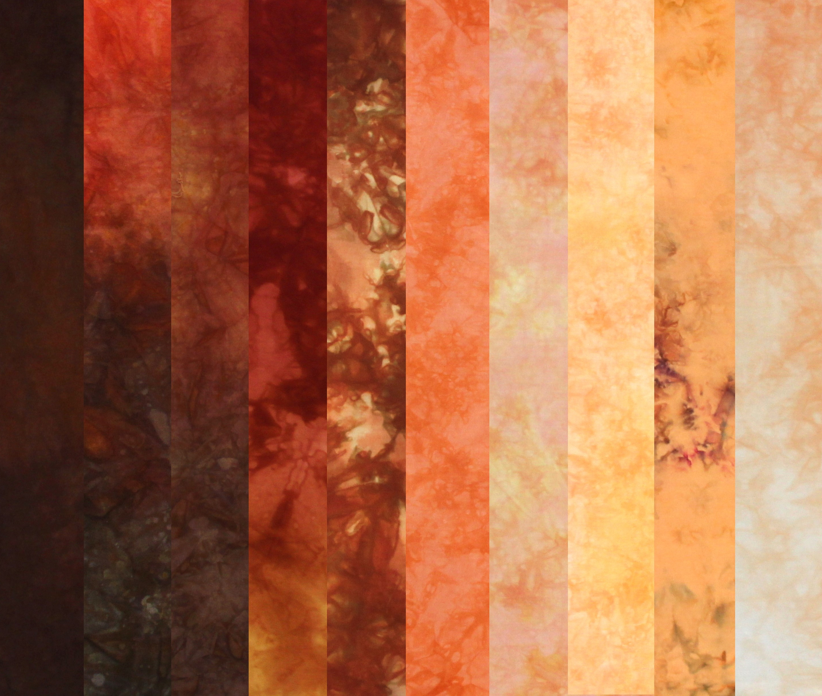 10 fat eighths in a range of fall colors from gold through orange and red to tan and brown. Hand dyed quilt cotton 9x21 inches. Suitable for quilting, crafts, dolls clothes, sewing.