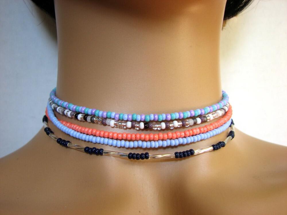 Colorful seed bead choker necklaces