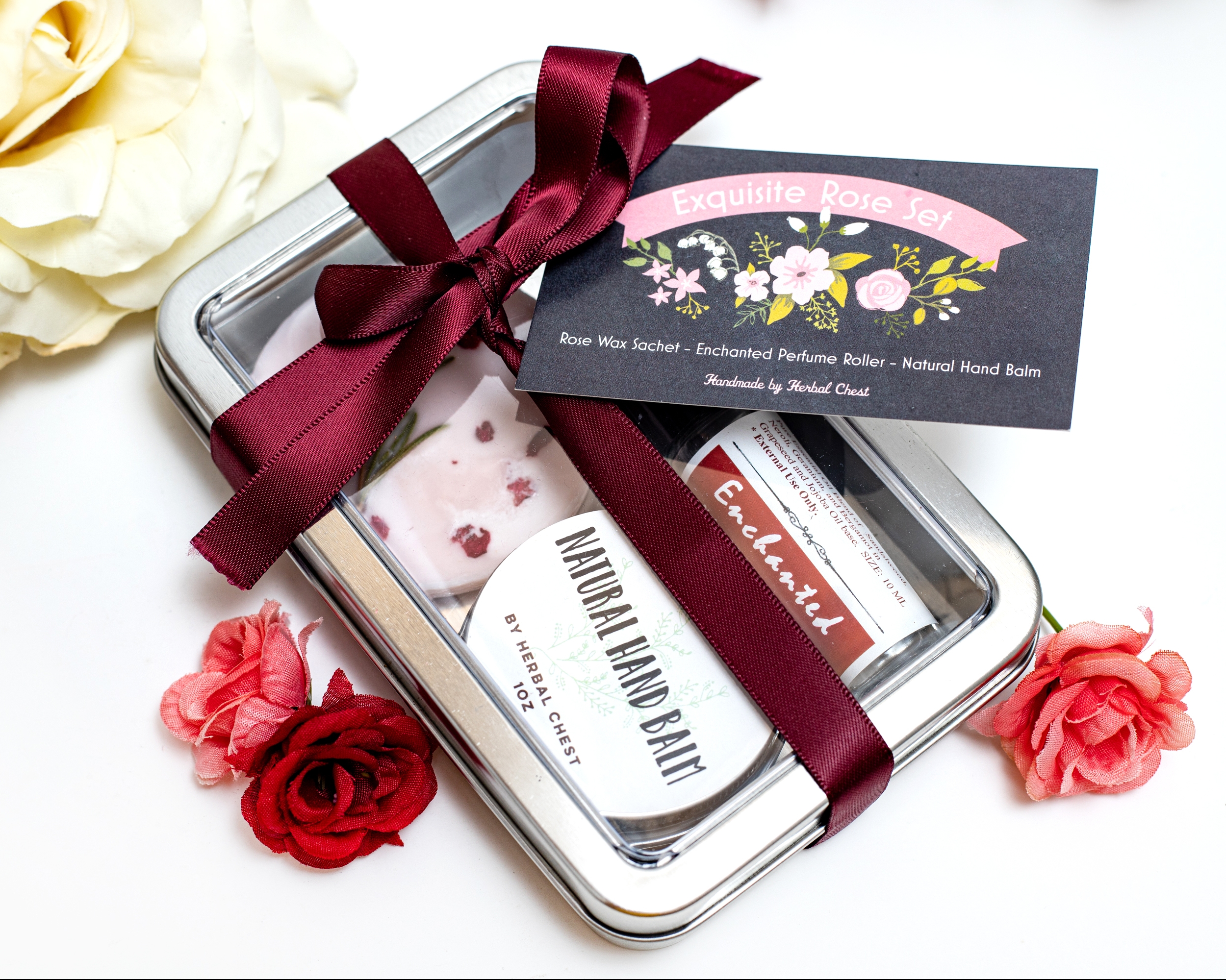 Exquisite Rose Gift Set, scented soy wax sachet, hanging home decor, home fragrance, fragrant tablet, natural hand balm, nourishing healing moisturizer, aromatherapy perfume oil roller in metal tin box
