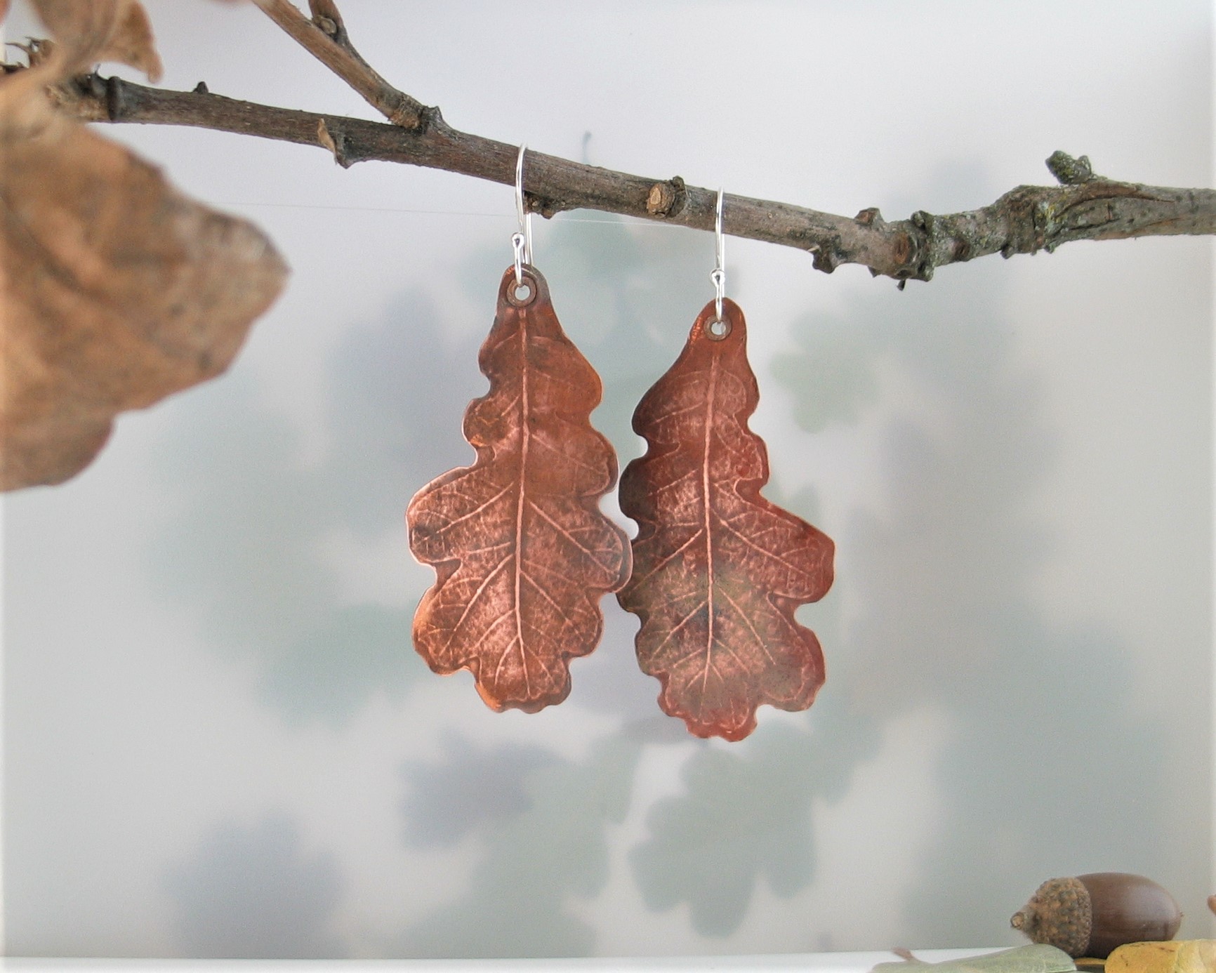 large lightweight copper oak leaf earrings