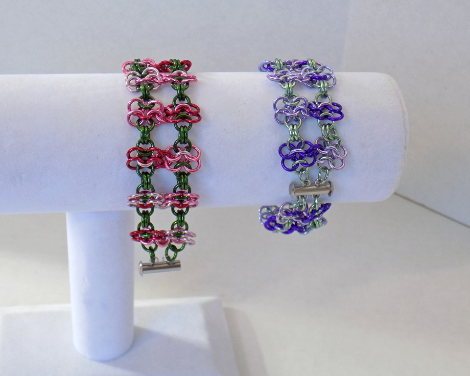 Handmade Valentine's rosettes bracelet, double strand chainmaille cuff bracelet in anodized aluminum by RainbowMaille