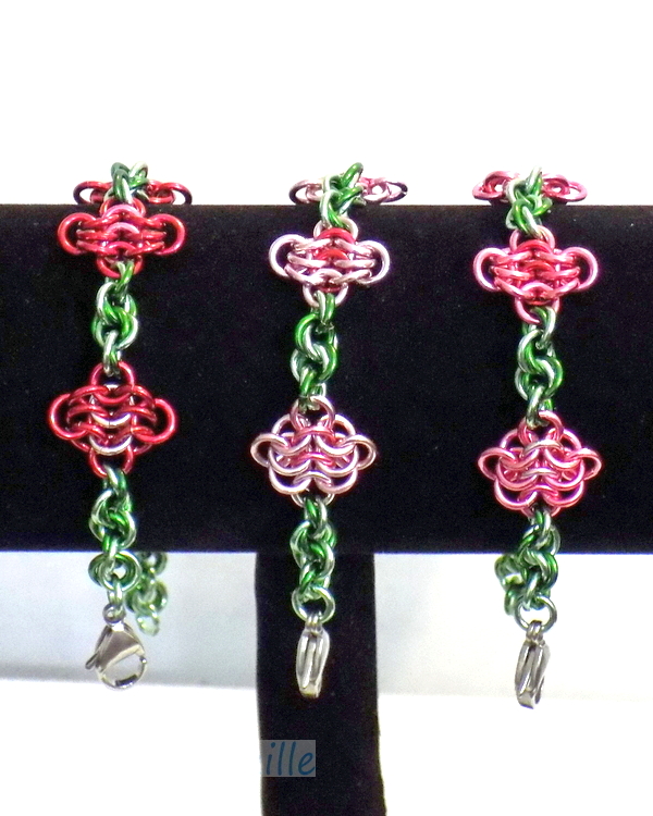 Handmade chainmaille roses bracelets in anodized aluminum by RainbowMaille in the USA