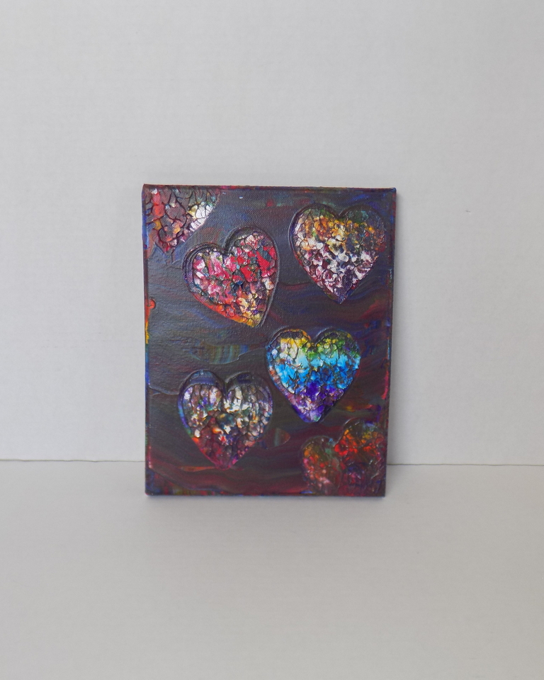 Original abstract rainbow acrylic on canvas painting titled "Floating Hearts 3" by RainbowMaille