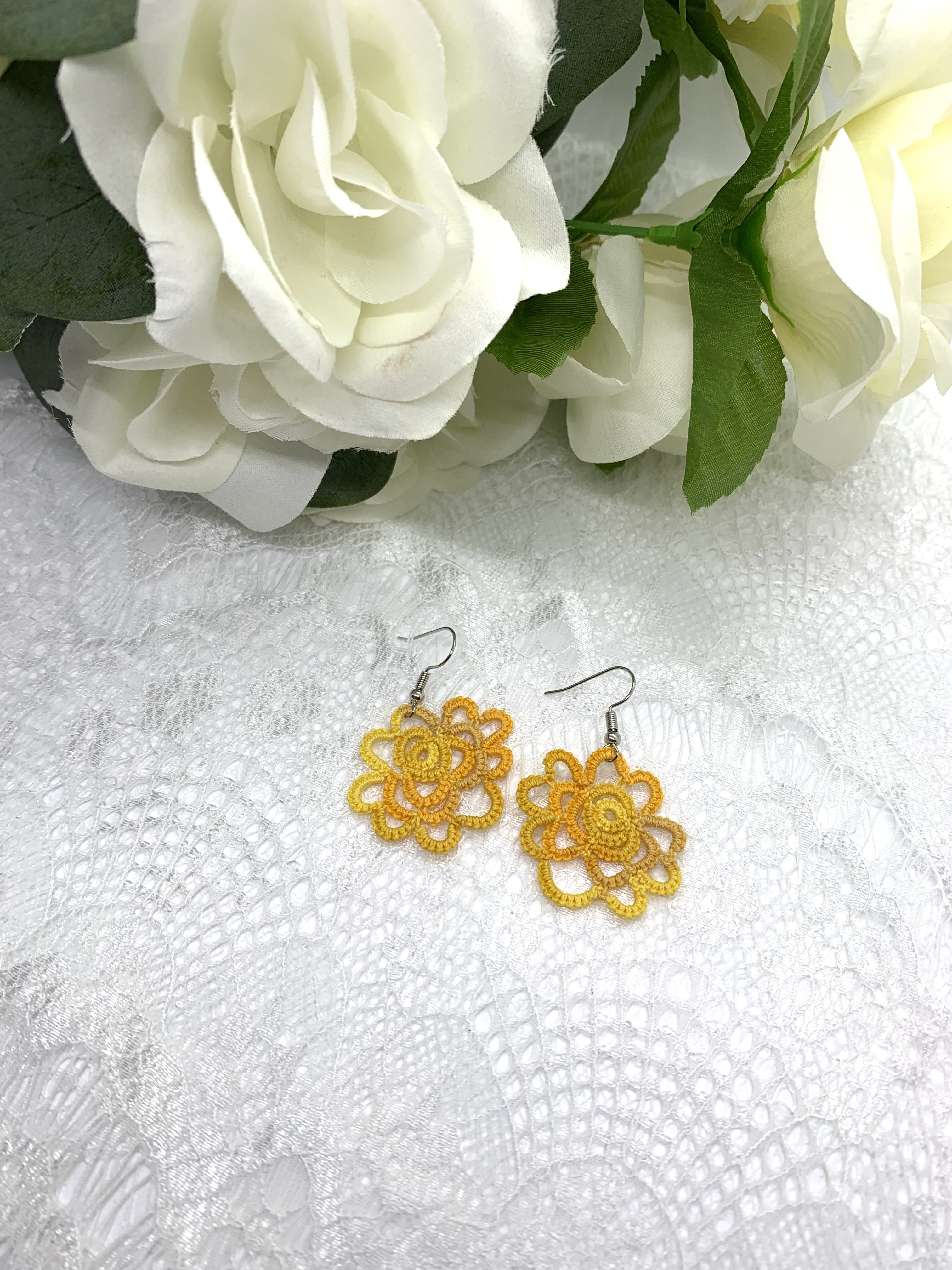 Handmade lace earrings in rose theme yellow color