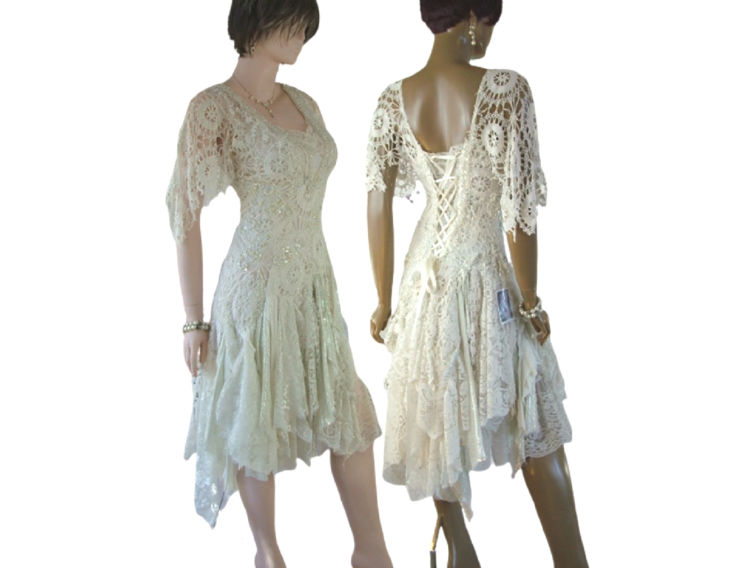 Off white asymmetrical tattered wedding dress. One of a kind, hand made, eco-friendly event and wedding dress.
