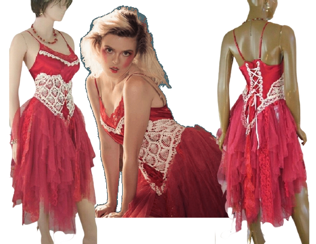 Red and white tattered lace up bridesmaids dress. One of a kind, hand made, eco-friendly event and wedding dress.