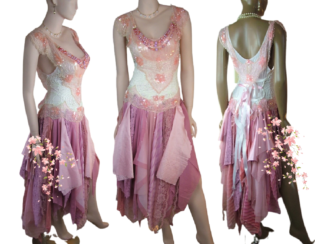 Pink and white with a touch of lavender. The bodice features vintage silk backed bling and  three ties at the back. This is a one of a kind, eco-friendly boho style wedding dress.