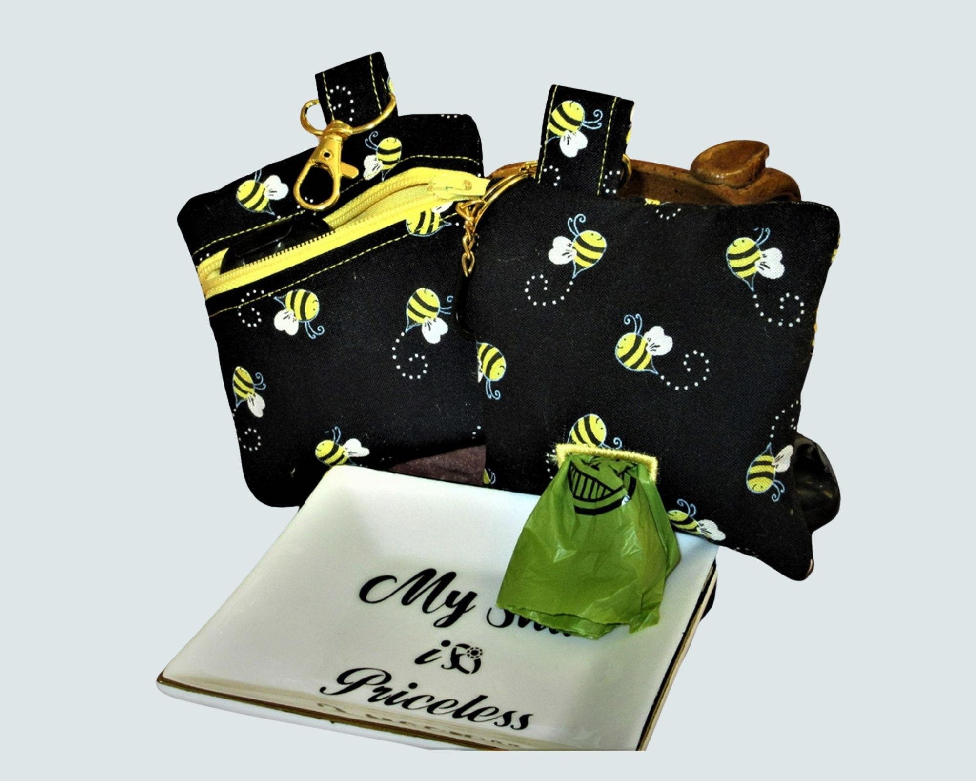 Sun Yellow honey bees on black fabric with lemon yellow zipper close usa made by A Fur Baby FAvorite
