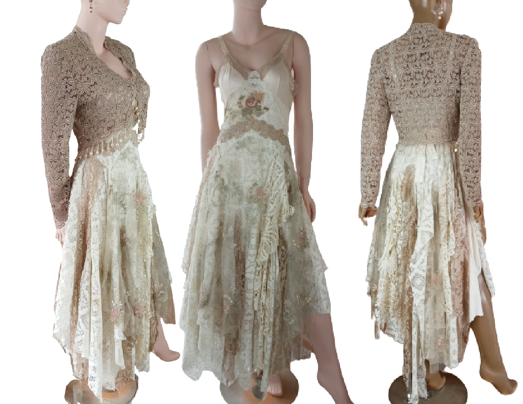 Light brown and cream long, tattered wedding dress with jacket. Made with antique fabrics.